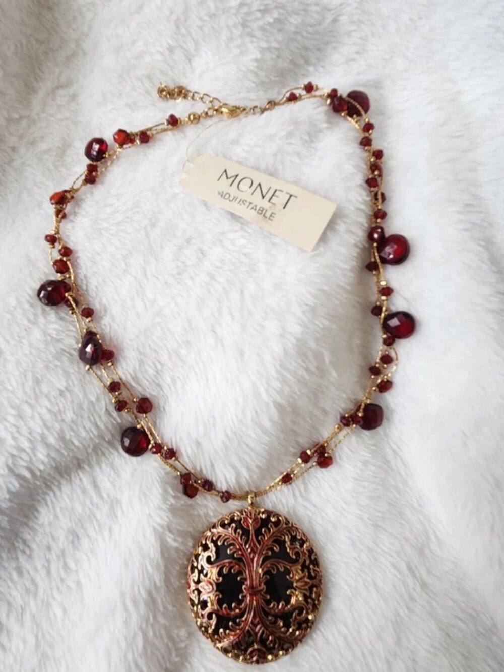 Monet Necklace 18" Gold Tone Multi Strand Ruby Colored Detailed Pendant NWT